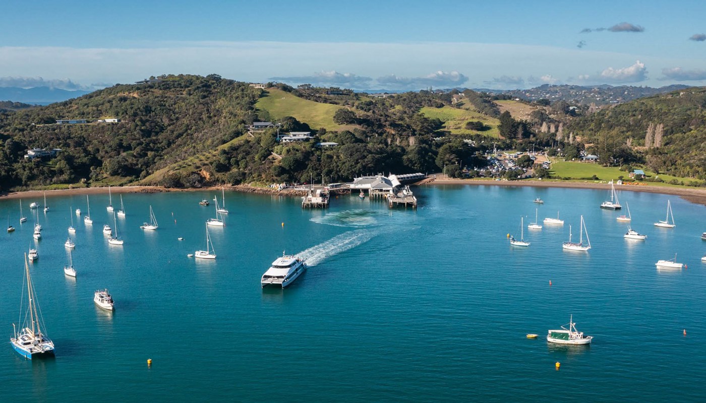 Aerial view of Waiheke Island as Ferry departs from port